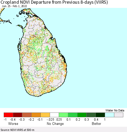 Sri Lanka Cropland NDVI Departure from Previous 8-days (VIIRS) Thematic Map For 1/25/2022 - 2/1/2022