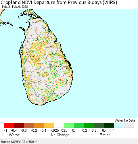Sri Lanka Cropland NDVI Departure from Previous 8-days (VIIRS) Thematic Map For 2/2/2022 - 2/9/2022