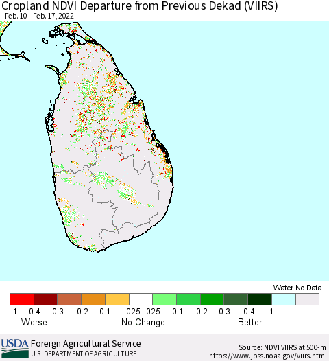Sri Lanka Cropland NDVI Departure from Previous Dekad (VIIRS) Thematic Map For 2/11/2022 - 2/20/2022