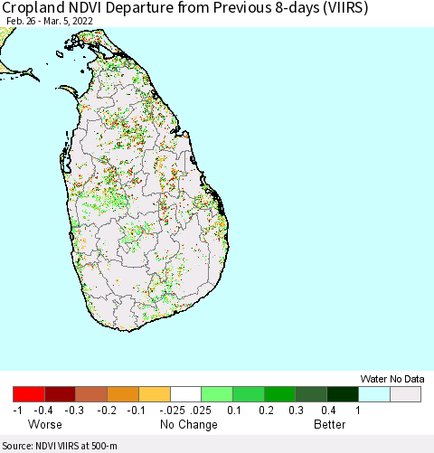 Sri Lanka Cropland NDVI Departure from Previous 8-days (VIIRS) Thematic Map For 2/26/2022 - 3/5/2022