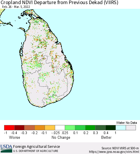 Sri Lanka Cropland NDVI Departure from Previous Dekad (VIIRS) Thematic Map For 3/1/2022 - 3/10/2022