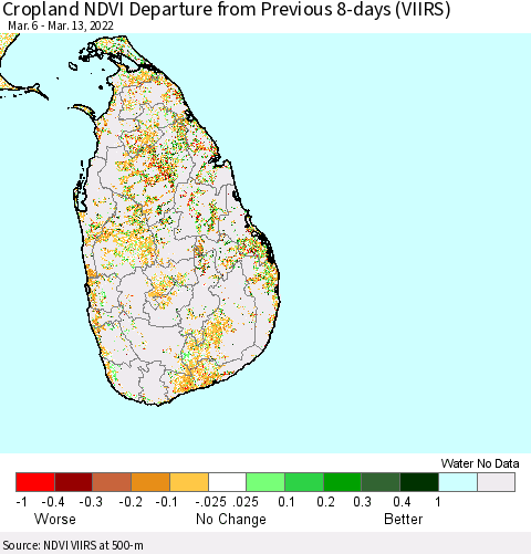 Sri Lanka Cropland NDVI Departure from Previous 8-days (VIIRS) Thematic Map For 3/6/2022 - 3/13/2022