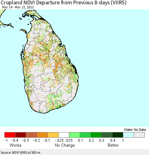 Sri Lanka Cropland NDVI Departure from Previous 8-days (VIIRS) Thematic Map For 3/14/2022 - 3/21/2022