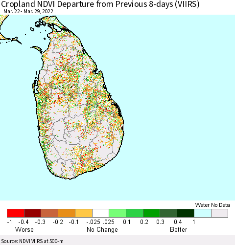 Sri Lanka Cropland NDVI Departure from Previous 8-days (VIIRS) Thematic Map For 3/22/2022 - 3/29/2022