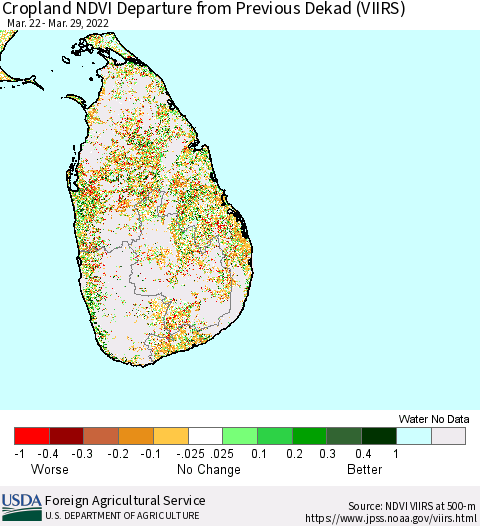 Sri Lanka Cropland NDVI Departure from Previous Dekad (VIIRS) Thematic Map For 3/21/2022 - 3/31/2022