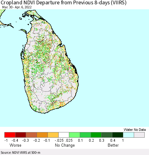 Sri Lanka Cropland NDVI Departure from Previous 8-days (VIIRS) Thematic Map For 3/30/2022 - 4/6/2022
