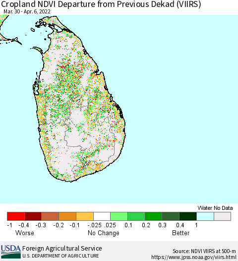 Sri Lanka Cropland NDVI Departure from Previous Dekad (VIIRS) Thematic Map For 4/1/2022 - 4/10/2022