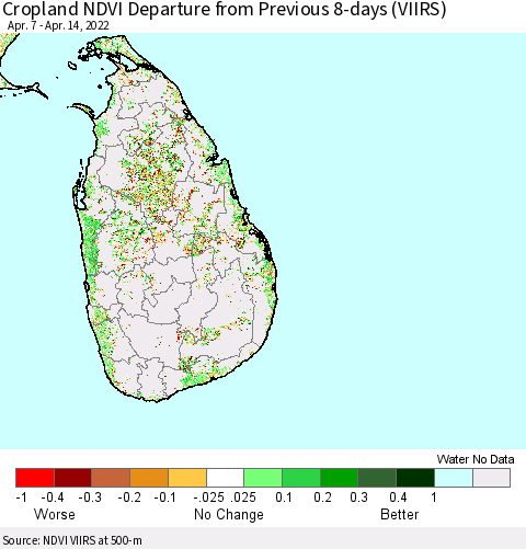Sri Lanka Cropland NDVI Departure from Previous 8-days (VIIRS) Thematic Map For 4/7/2022 - 4/14/2022