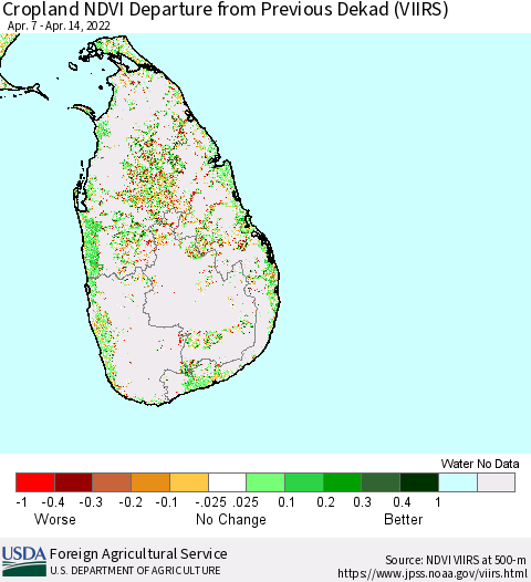 Sri Lanka Cropland NDVI Departure from Previous Dekad (VIIRS) Thematic Map For 4/11/2022 - 4/20/2022