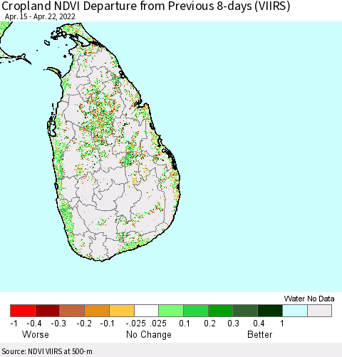 Sri Lanka Cropland NDVI Departure from Previous 8-days (VIIRS) Thematic Map For 4/15/2022 - 4/22/2022