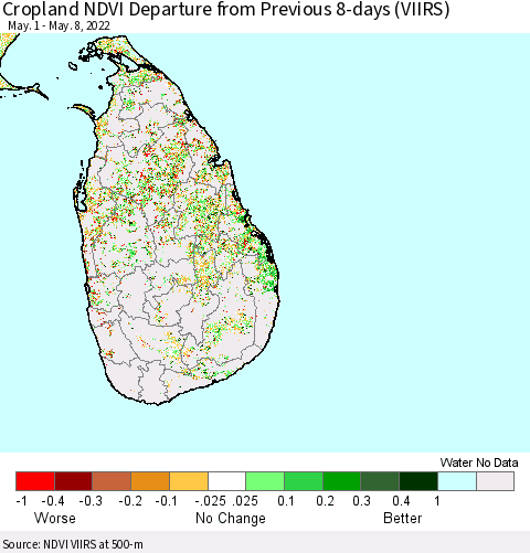 Sri Lanka Cropland NDVI Departure from Previous 8-days (VIIRS) Thematic Map For 5/1/2022 - 5/8/2022
