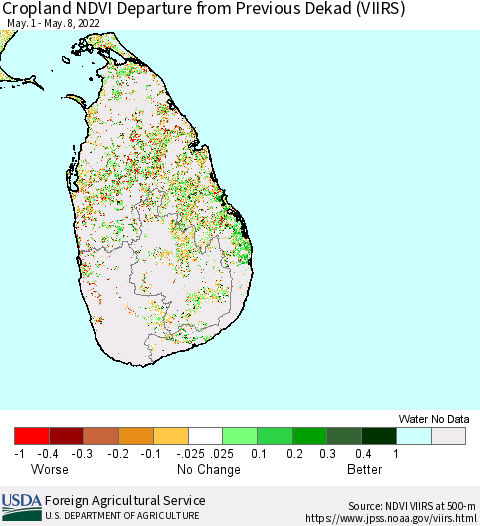 Sri Lanka Cropland NDVI Departure from Previous Dekad (VIIRS) Thematic Map For 5/1/2022 - 5/10/2022