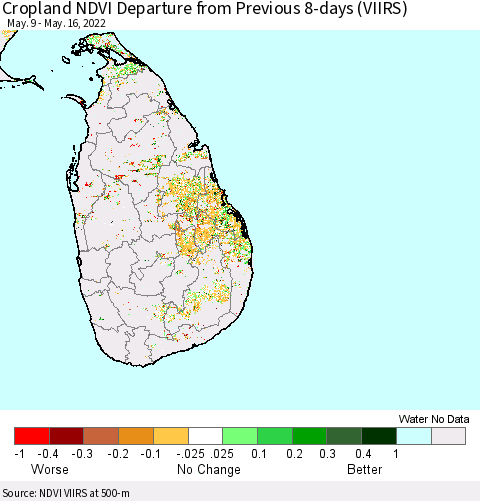 Sri Lanka Cropland NDVI Departure from Previous 8-days (VIIRS) Thematic Map For 5/9/2022 - 5/16/2022