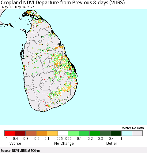 Sri Lanka Cropland NDVI Departure from Previous 8-days (VIIRS) Thematic Map For 5/17/2022 - 5/24/2022