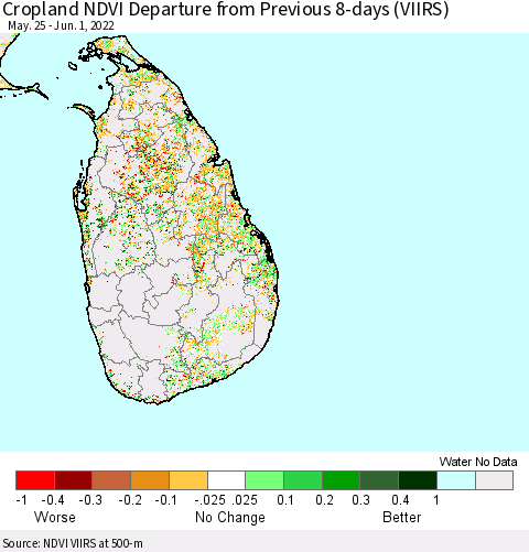 Sri Lanka Cropland NDVI Departure from Previous 8-days (VIIRS) Thematic Map For 5/25/2022 - 6/1/2022