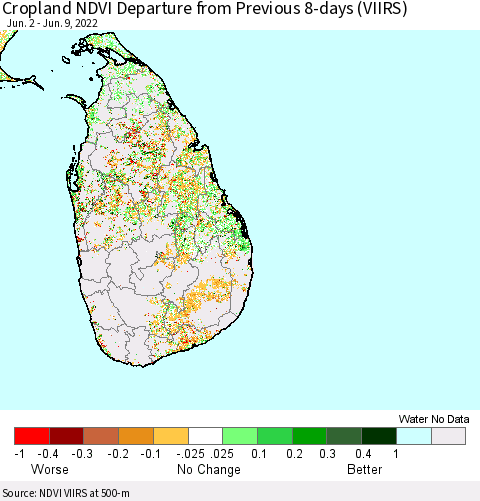 Sri Lanka Cropland NDVI Departure from Previous 8-days (VIIRS) Thematic Map For 6/2/2022 - 6/9/2022