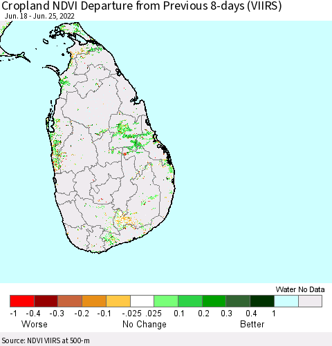 Sri Lanka Cropland NDVI Departure from Previous 8-days (VIIRS) Thematic Map For 6/18/2022 - 6/25/2022