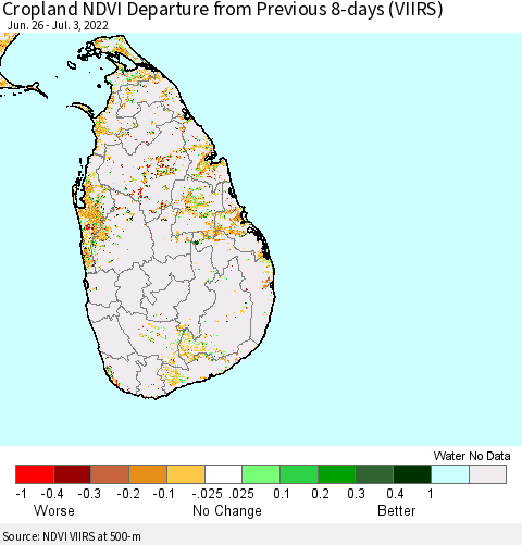 Sri Lanka Cropland NDVI Departure from Previous 8-days (VIIRS) Thematic Map For 6/26/2022 - 7/3/2022