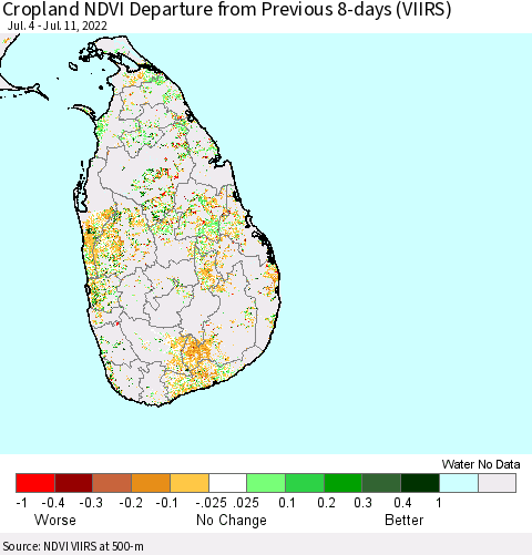 Sri Lanka Cropland NDVI Departure from Previous 8-days (VIIRS) Thematic Map For 7/4/2022 - 7/11/2022
