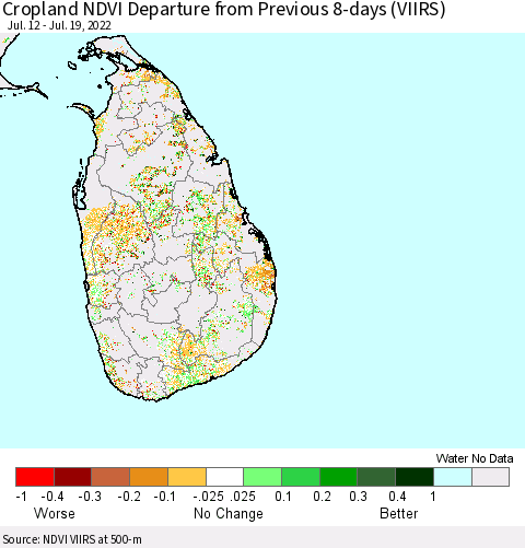 Sri Lanka Cropland NDVI Departure from Previous 8-days (VIIRS) Thematic Map For 7/12/2022 - 7/19/2022