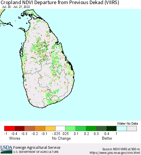 Sri Lanka Cropland NDVI Departure from Previous Dekad (VIIRS) Thematic Map For 7/21/2022 - 7/31/2022
