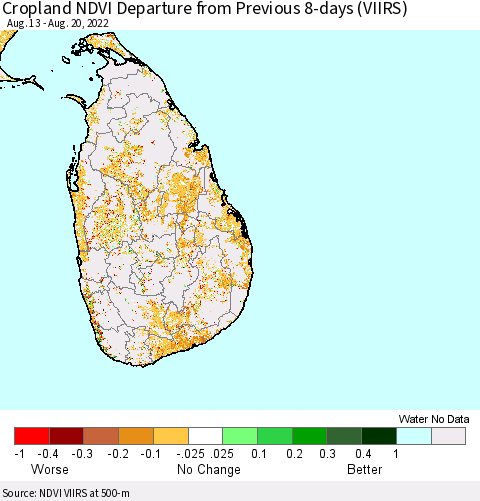Sri Lanka Cropland NDVI Departure from Previous Dekad (VIIRS) Thematic Map For 8/11/2022 - 8/20/2022