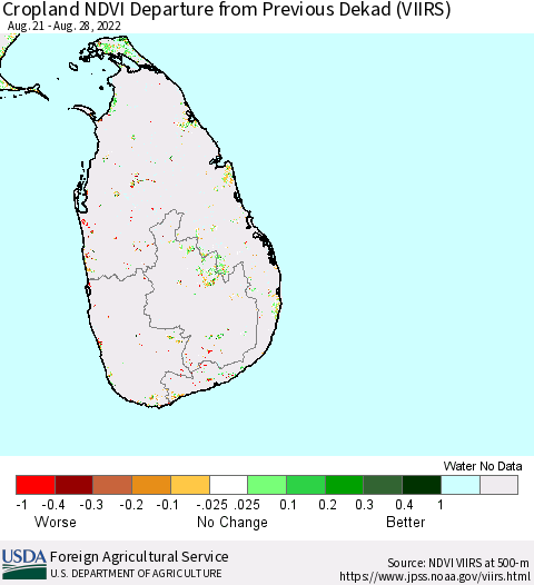 Sri Lanka Cropland NDVI Departure from Previous Dekad (VIIRS) Thematic Map For 8/21/2022 - 8/31/2022