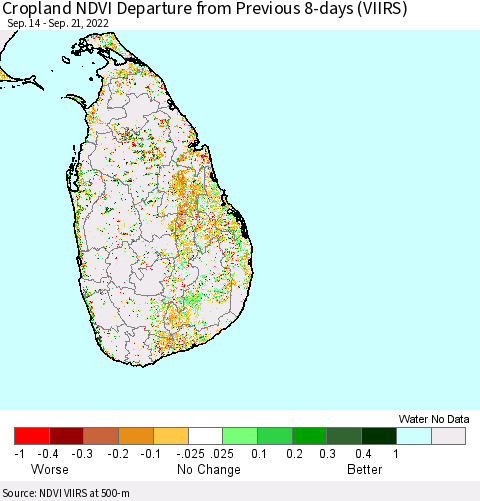 Sri Lanka Cropland NDVI Departure from Previous 8-days (VIIRS) Thematic Map For 9/14/2022 - 9/21/2022