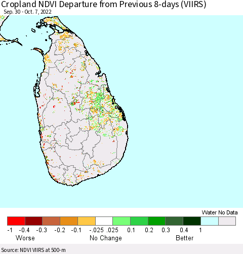 Sri Lanka Cropland NDVI Departure from Previous 8-days (VIIRS) Thematic Map For 9/30/2022 - 10/7/2022