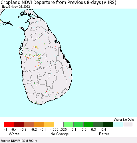 Sri Lanka Cropland NDVI Departure from Previous 8-days (VIIRS) Thematic Map For 11/9/2022 - 11/16/2022