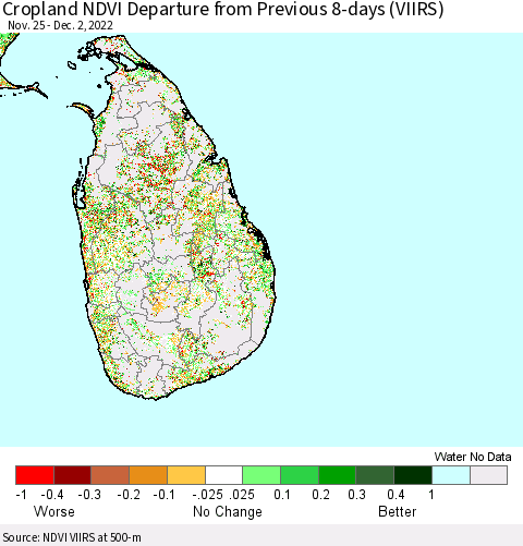 Sri Lanka Cropland NDVI Departure from Previous 8-days (VIIRS) Thematic Map For 11/25/2022 - 12/2/2022