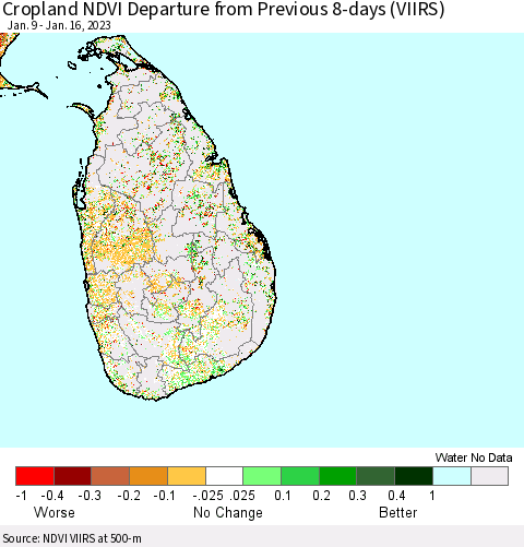 Sri Lanka Cropland NDVI Departure from Previous 8-days (VIIRS) Thematic Map For 1/9/2023 - 1/16/2023