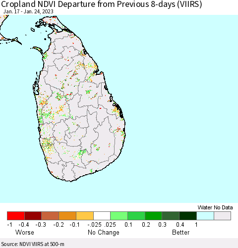 Sri Lanka Cropland NDVI Departure from Previous 8-days (VIIRS) Thematic Map For 1/17/2023 - 1/24/2023