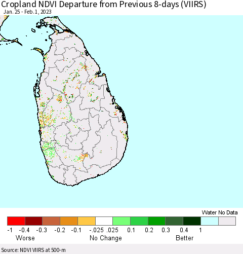 Sri Lanka Cropland NDVI Departure from Previous 8-days (VIIRS) Thematic Map For 1/25/2023 - 2/1/2023