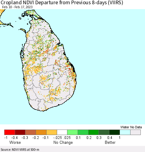 Sri Lanka Cropland NDVI Departure from Previous 8-days (VIIRS) Thematic Map For 2/10/2023 - 2/17/2023
