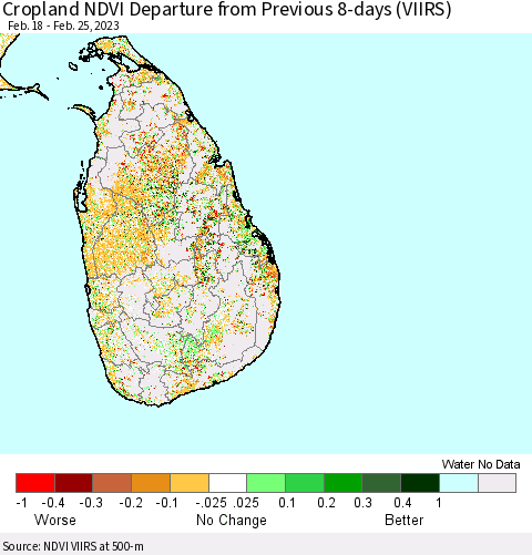 Sri Lanka Cropland NDVI Departure from Previous 8-days (VIIRS) Thematic Map For 2/18/2023 - 2/25/2023