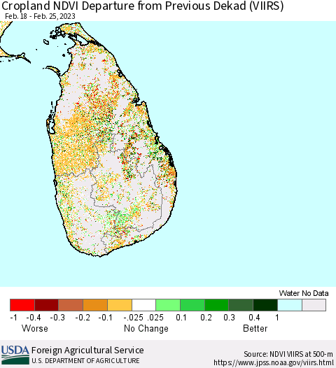 Sri Lanka Cropland NDVI Departure from Previous Dekad (VIIRS) Thematic Map For 2/21/2023 - 2/28/2023