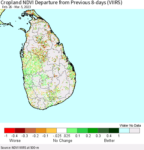 Sri Lanka Cropland NDVI Departure from Previous 8-days (VIIRS) Thematic Map For 2/26/2023 - 3/5/2023