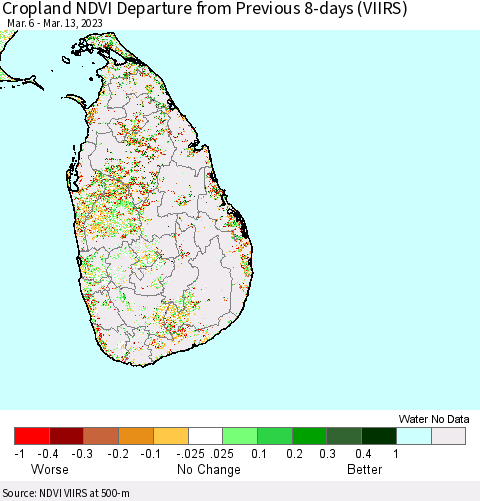 Sri Lanka Cropland NDVI Departure from Previous 8-days (VIIRS) Thematic Map For 3/6/2023 - 3/13/2023