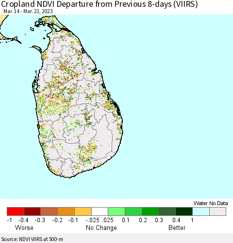 Sri Lanka Cropland NDVI Departure from Previous 8-days (VIIRS) Thematic Map For 3/14/2023 - 3/21/2023