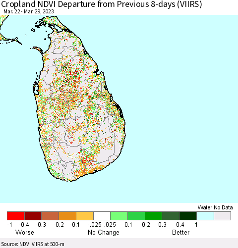 Sri Lanka Cropland NDVI Departure from Previous 8-days (VIIRS) Thematic Map For 3/22/2023 - 3/29/2023