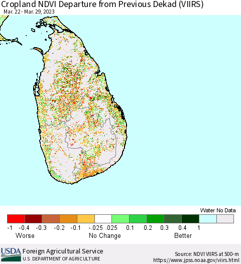 Sri Lanka Cropland NDVI Departure from Previous Dekad (VIIRS) Thematic Map For 3/21/2023 - 3/31/2023