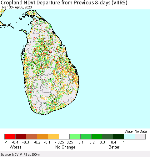 Sri Lanka Cropland NDVI Departure from Previous 8-days (VIIRS) Thematic Map For 3/30/2023 - 4/6/2023