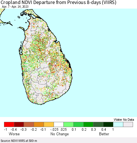 Sri Lanka Cropland NDVI Departure from Previous 8-days (VIIRS) Thematic Map For 4/7/2023 - 4/14/2023