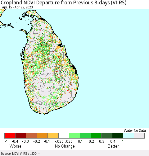 Sri Lanka Cropland NDVI Departure from Previous 8-days (VIIRS) Thematic Map For 4/15/2023 - 4/22/2023