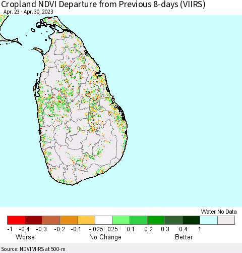 Sri Lanka Cropland NDVI Departure from Previous 8-days (VIIRS) Thematic Map For 4/23/2023 - 4/30/2023