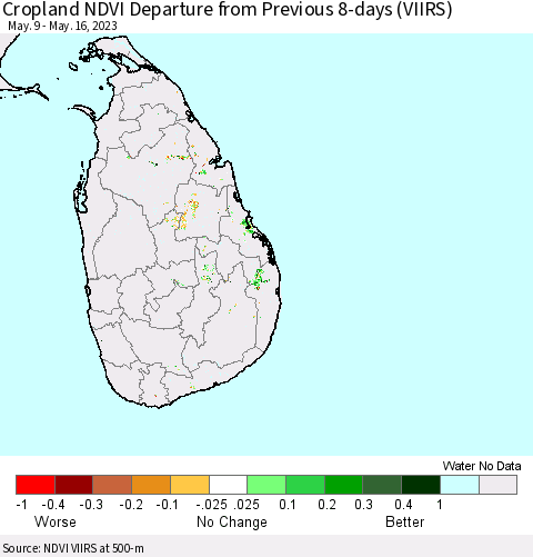 Sri Lanka Cropland NDVI Departure from Previous 8-days (VIIRS) Thematic Map For 5/9/2023 - 5/16/2023