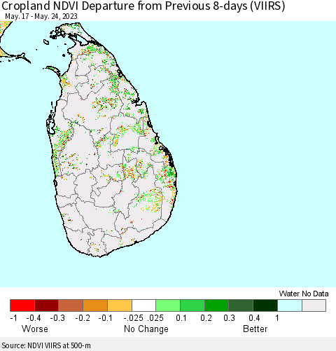 Sri Lanka Cropland NDVI Departure from Previous 8-days (VIIRS) Thematic Map For 5/17/2023 - 5/24/2023