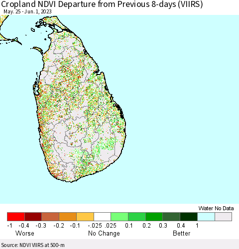 Sri Lanka Cropland NDVI Departure from Previous 8-days (VIIRS) Thematic Map For 5/25/2023 - 6/1/2023