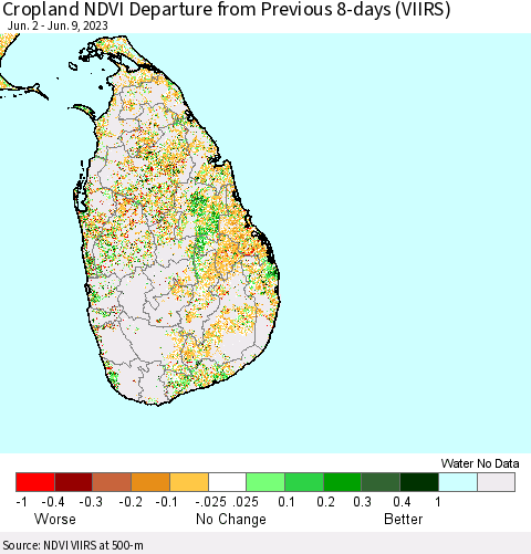 Sri Lanka Cropland NDVI Departure from Previous 8-days (VIIRS) Thematic Map For 6/2/2023 - 6/9/2023